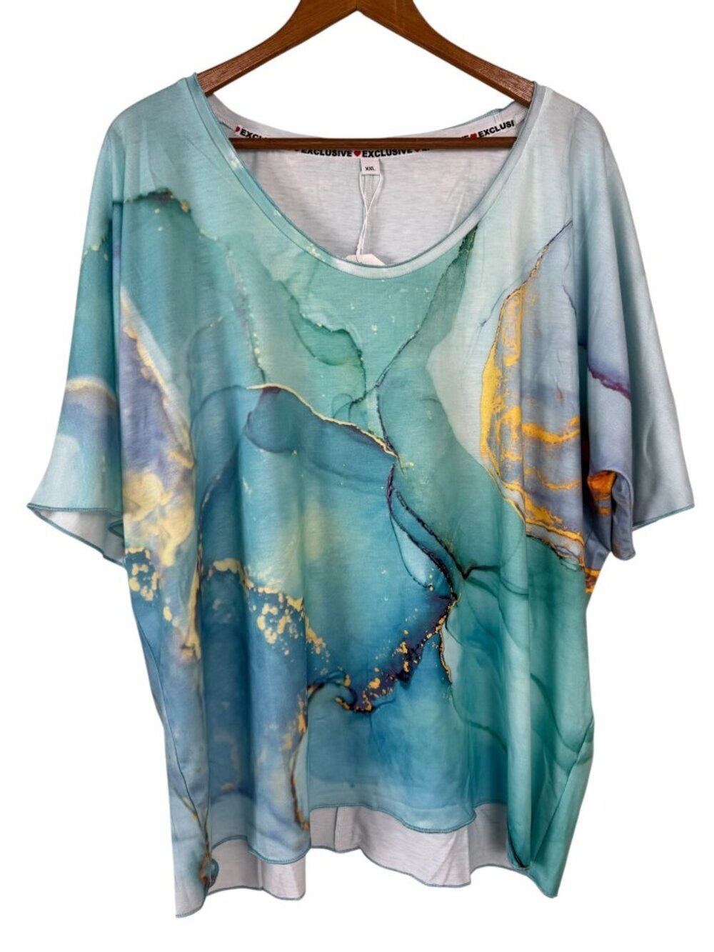 Made with Love NEW Blouse Teal Blue Gold Women's XXL Office Lightweight Marble